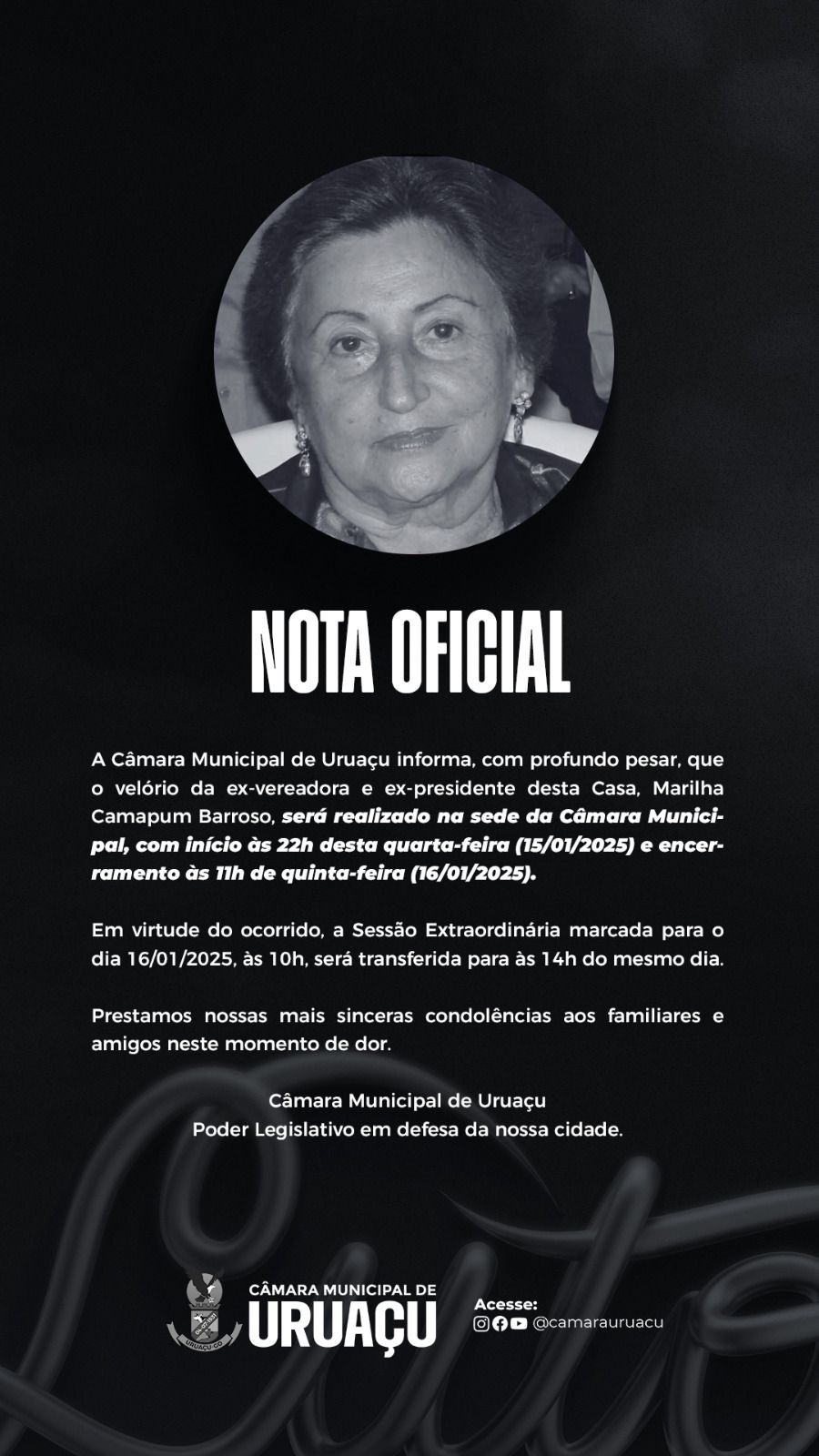 Morre Marília Camapum Barroso, ex vereadora na cidade de Uruaçu e a única mulher até a atualidade, presidente da câmara municipal.