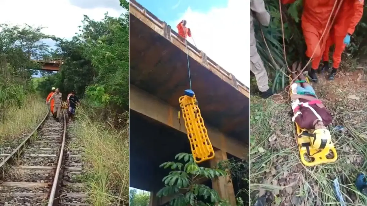 Homem cai de ponte sobre linha férrea e por pouco não é atingido por um trem em Luziânia