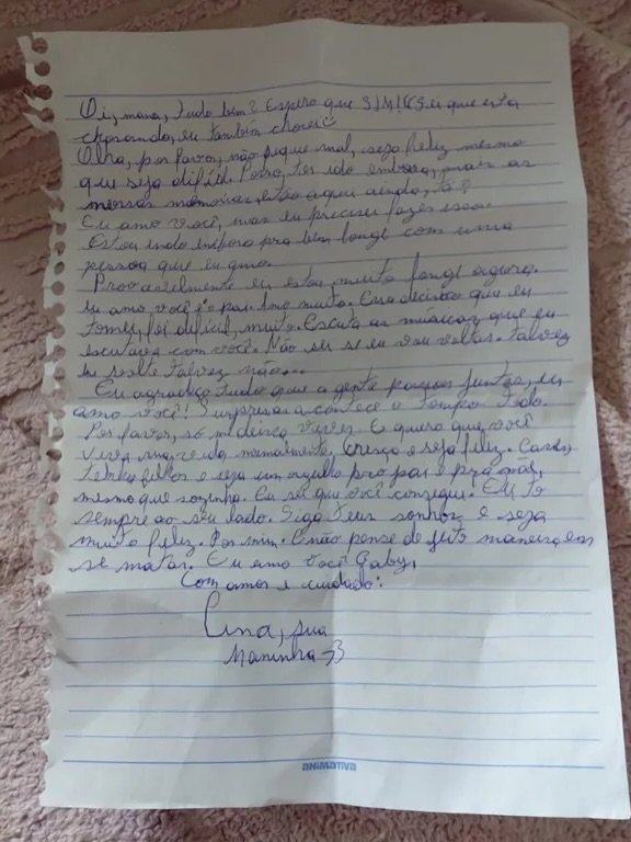 Carta deixada por adolescente que está desaparecida