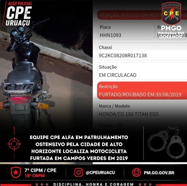 Polícia recupera motocicleta com registro de furto