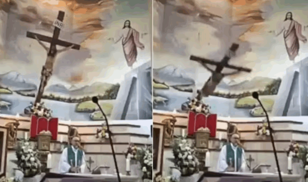 Cruz de madeira cai durante missa e atinge padre